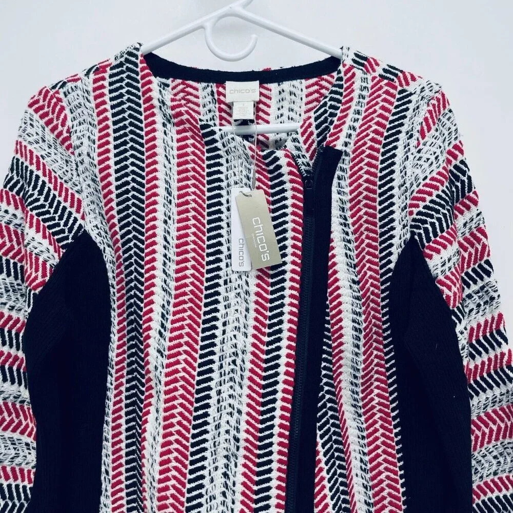 Chico’s Sweater Moto Jacket Size 1 Women’s Red White Black Pullover New - Picture 3 of 16